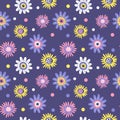 Cute vector seamless pattern with hand drawn primitive naive flowers in purple and lilac colors in folk style Royalty Free Stock Photo